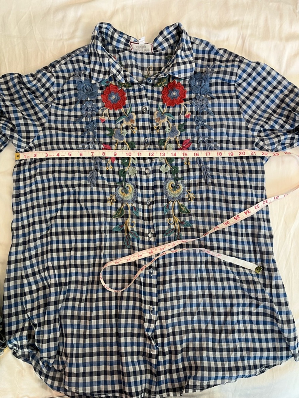 Johnny Was Blue Gingham Embroidered Peasant Tunic - Picture 11 of 12